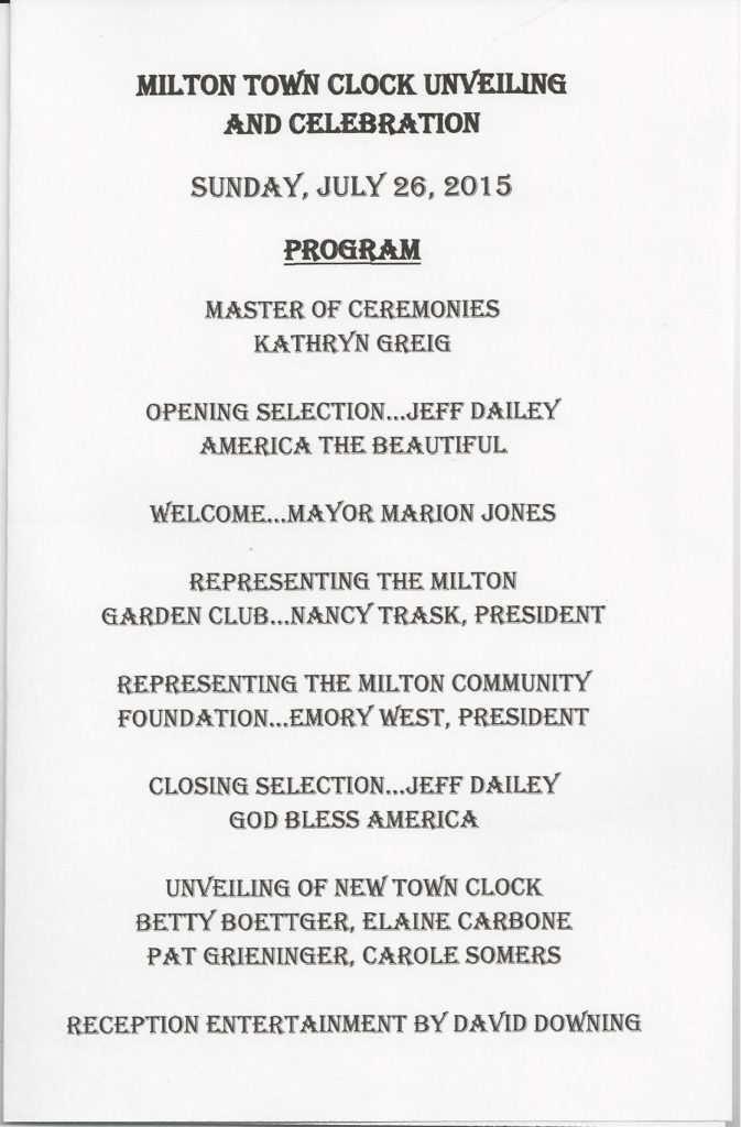 Image of program schedule showing the speakers at the unveiling of the Milton town clock.